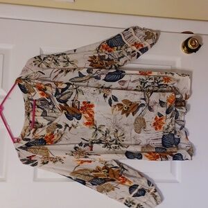 Botanical print boho long sleeve blouse, sz M. (Tags cut out). Cream, blue, gree